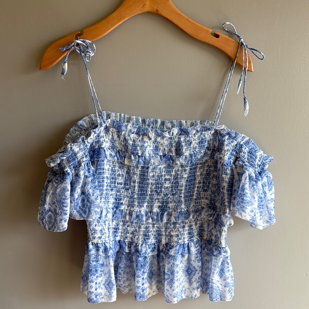 Blue and White Off-Shoulder Top
